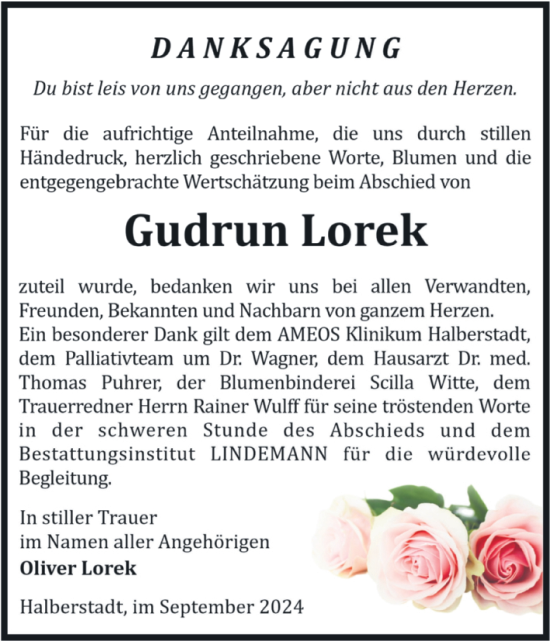 Traueranzeige von Gudrun Lorek von Volksstimme Halberstadt