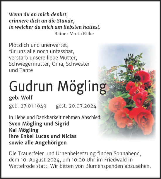 Traueranzeige von Gudrun Mögling von Trauerkombi Sangerhausen