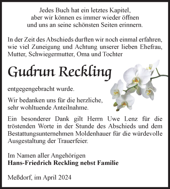 Traueranzeige von Gudrun Reckling von Volksstimme Altmark Ost