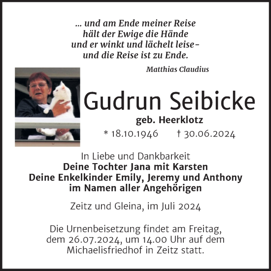 Traueranzeige von Gudrun Seibicke von Trauerkombi Zeitz
