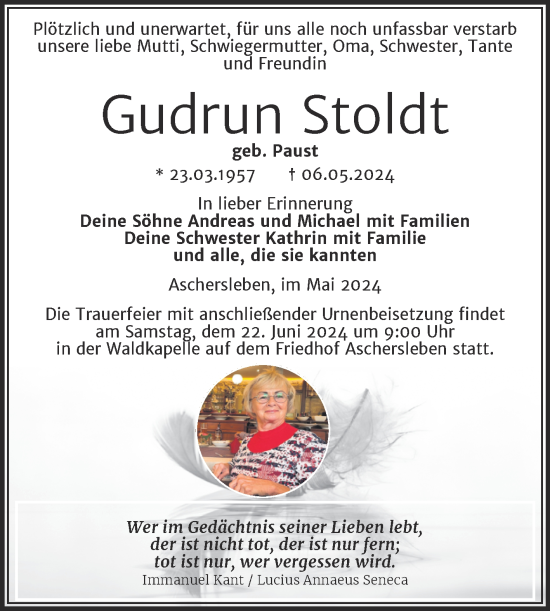 Traueranzeige von Gudrun Stoldt von Trauerkombi Aschersleben