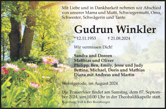 Traueranzeige von Gudrun Winkler von Volksstimme Wernigerode