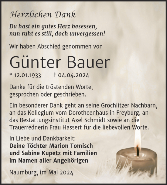 Traueranzeige von Günter Bauer von Super Sonntag Naumburg/Nebra