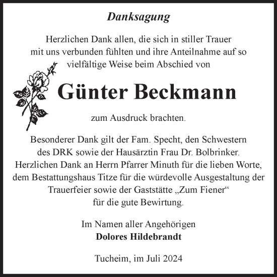 Traueranzeige von Günter Beckmann von Volksstimme Burg/Genthin