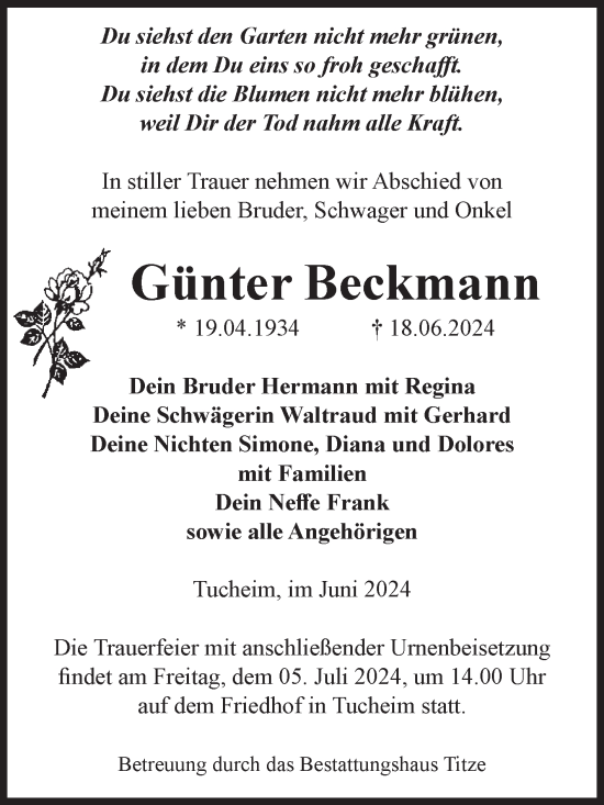 Traueranzeige von Günter Beckmann von Volksstimme Burg/Genthin