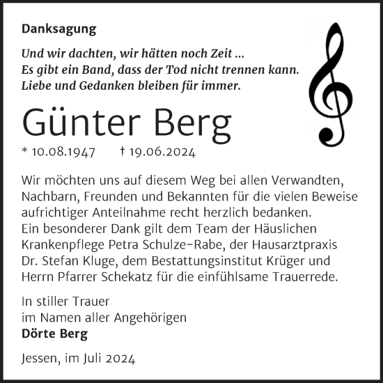 Traueranzeige von Günter Berg von Trauerkombi Wittenberg