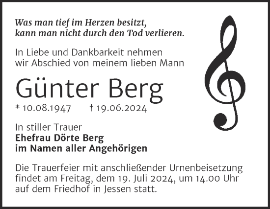 Traueranzeige von Günter Berg von Trauerkombi Wittenberg
