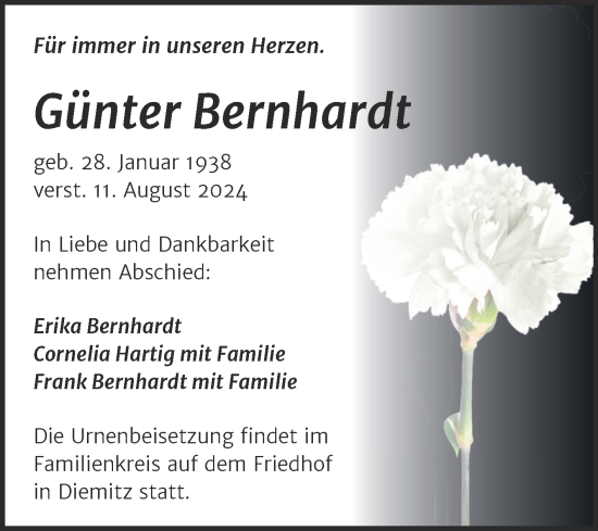 Traueranzeige von Günter Bernhardt von Mitteldeutsche Zeitung Halle/Saalkreis