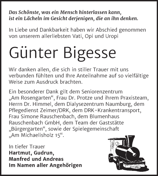 Traueranzeige von Günter Bigesse von Super Sonntag Naumburg/Nebra