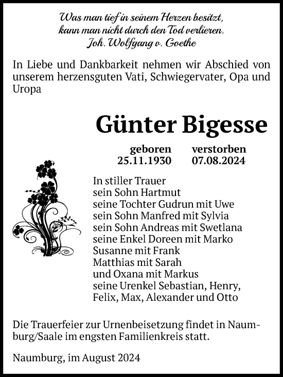 Traueranzeige von Günter Bigesse von Volksstimme Staßfurt