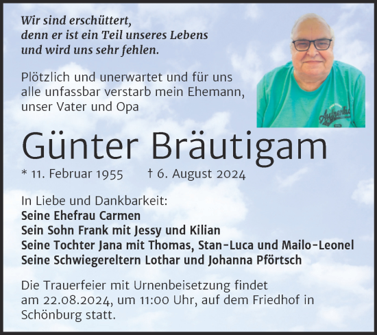 Traueranzeige von Günter Bräutigam von Super Sonntag Naumburg/Nebra