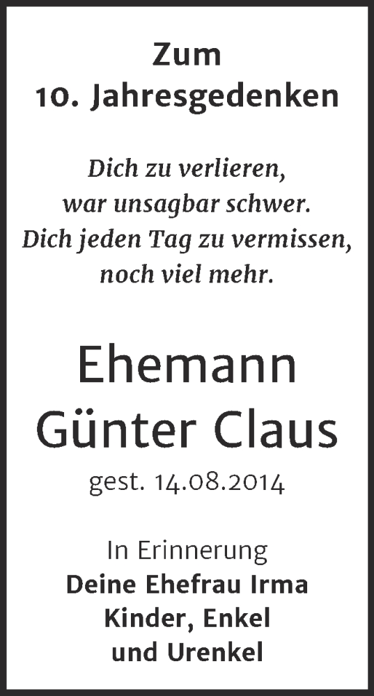 Traueranzeige von Günter Claus von Trauerkombi Wittenberg