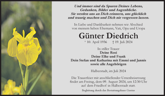Traueranzeige von Günter Diedrich von Volksstimme Halberstadt