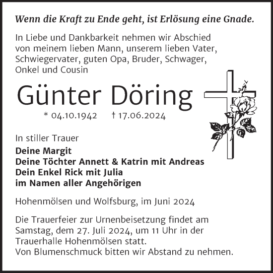 Traueranzeige von Günter Döring von Trauerkombi Weißenfels