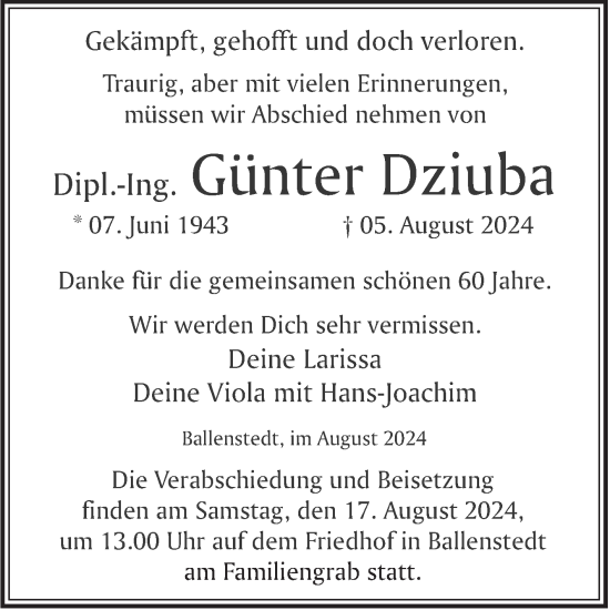 Traueranzeige von Günter Dziuba von Trauerkombi Quedlinburg