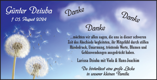 Traueranzeige von Günter Dziuba von Trauerkombi Quedlinburg
