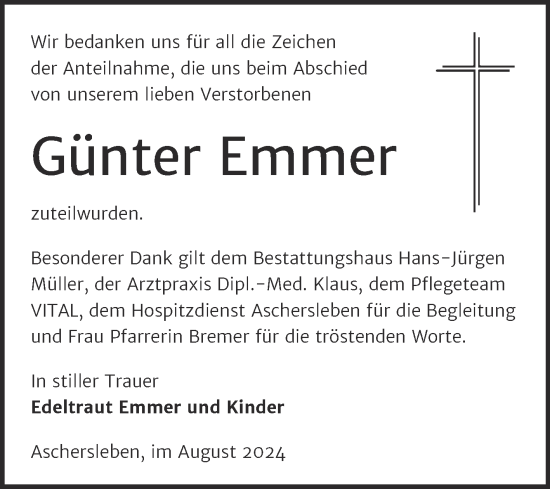 Traueranzeige von Günter Emmer von Trauerkombi Aschersleben