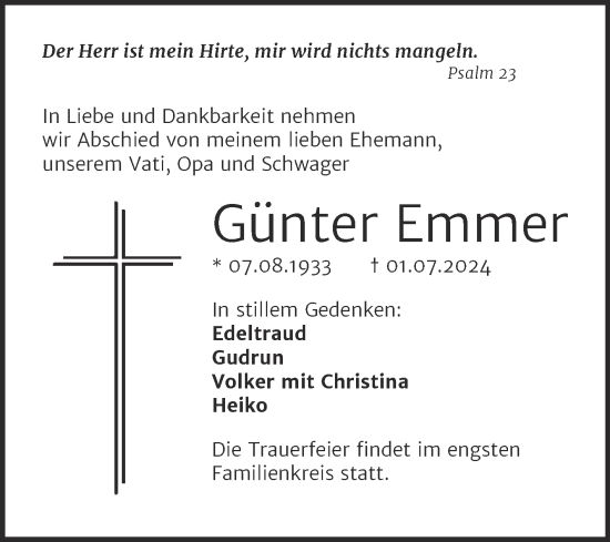 Traueranzeige von Günter Emmer von Trauerkombi Aschersleben