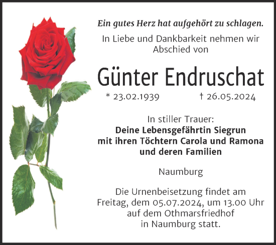 Traueranzeige von Günter Endruschat von Super Sonntag Naumburg/Nebra