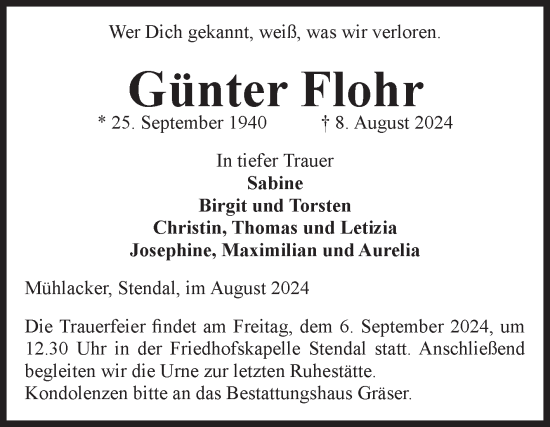 Traueranzeige von Günter Flohr von Volksstimme Altmark Ost