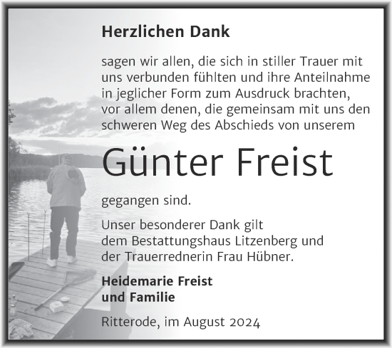 Traueranzeige von Günter Freist von Trauerkombi Mansfelder Land