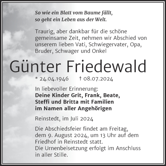Traueranzeige von Günter Friedewald von Trauerkombi Quedlinburg