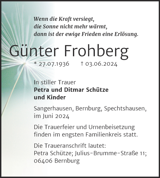 Traueranzeige von Günter Frohberg von Trauerkombi Sangerhausen