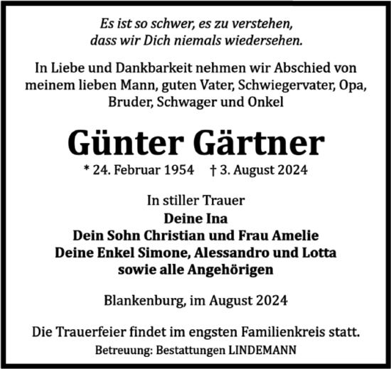 Traueranzeige von Günter Gärtner von Volksstimme Wernigerode
