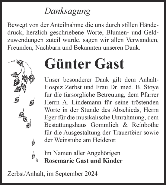 Traueranzeige von Günter Gast von Volksstimme Zerbst