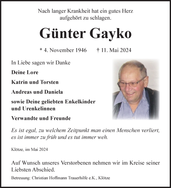Traueranzeige von Günter Gayko von Volksstimme Altmark West