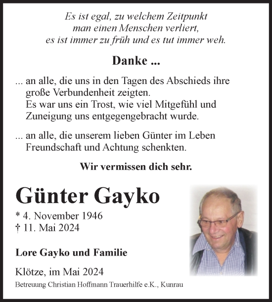 Traueranzeige von Günter Gayko von Volksstimme Altmark West