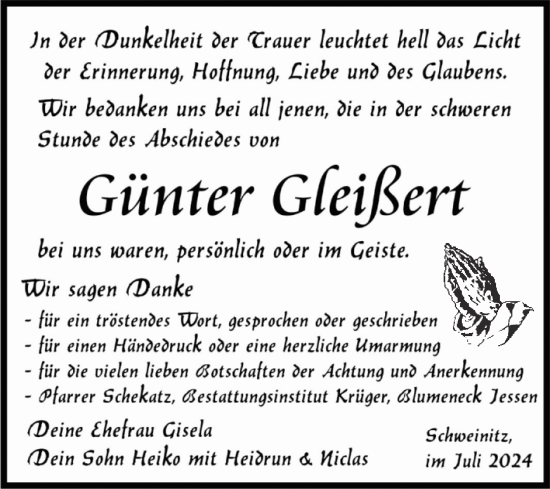 Traueranzeige von Günter Gleißert von Trauerkombi Wittenberg