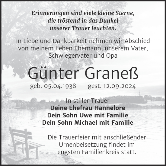 Traueranzeige von Günter Graneß von Trauerkombi Sangerhausen