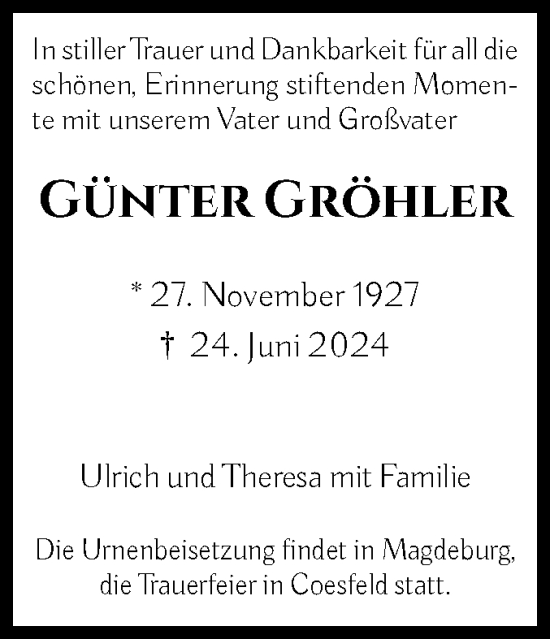 Traueranzeige von Günter Gröhler von Volksstimme Magdeburg
