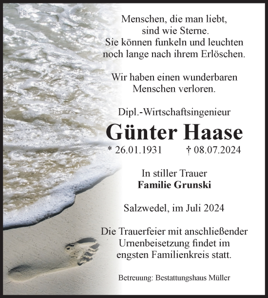 Traueranzeige von Günter Haase von Volksstimme Altmark West