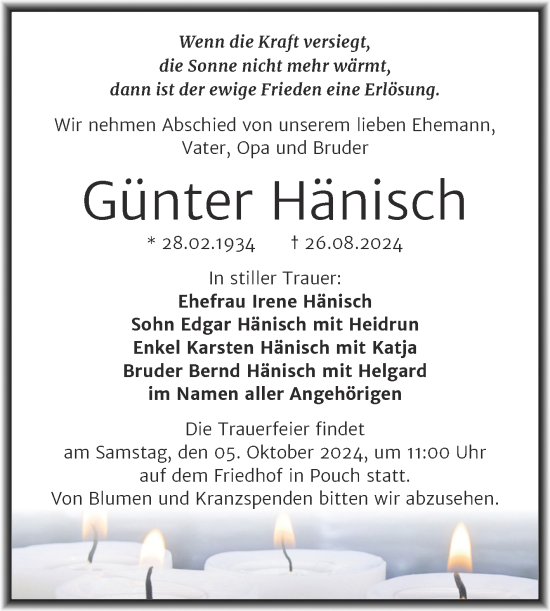 Traueranzeige von Günter Hänisch von Trauerkombi Bitterfeld