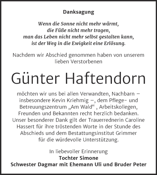Traueranzeige von Günter Haftendorn von Trauerkombi Sangerhausen