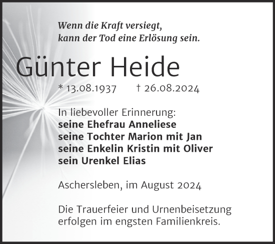 Traueranzeige von Günter Heide von Trauerkombi Aschersleben