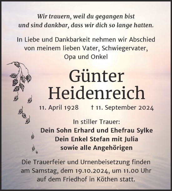 Traueranzeige von Günter Heidenreich von Trauerkombi Köthen