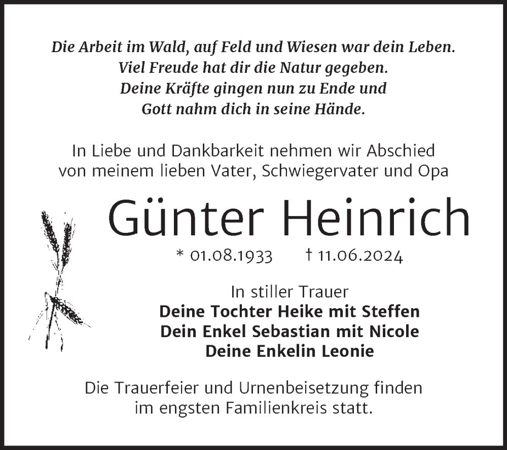  Traueranzeige für Günter Heinrich vom 21.06.2024 aus Trauerkombi Wittenberg