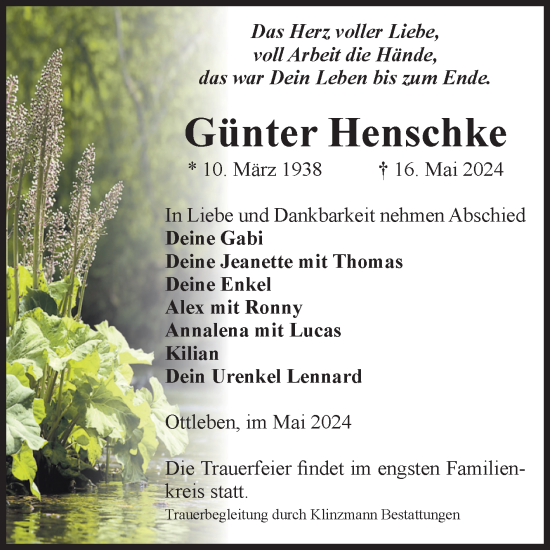 Traueranzeige von Günter Henschke von Volksstimme Oschersleben/Wanzleben