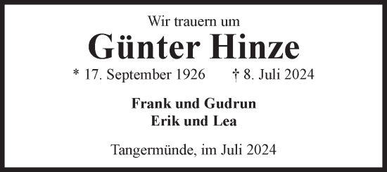 Traueranzeige von Günter Hinze von Volksstimme Altmark Ost