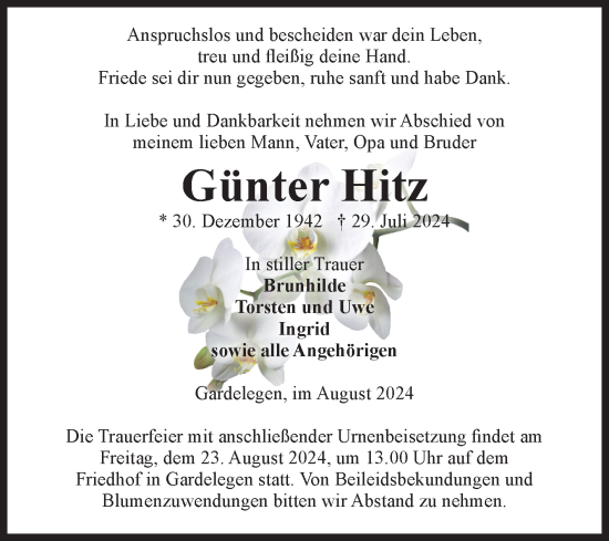 Traueranzeige von Günter Hitz von Volksstimme Altmark West