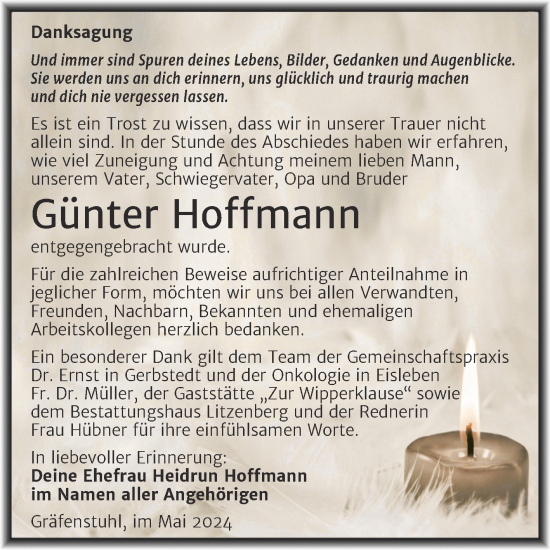 Traueranzeige von Günter Hoffmann von Trauerkombi Mansfelder Land