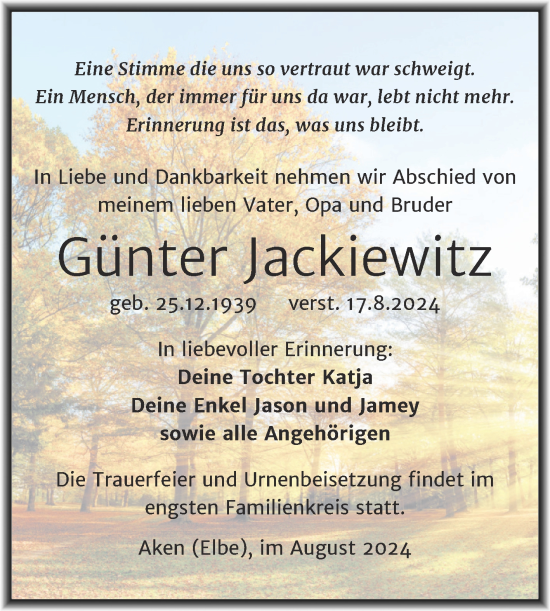 Traueranzeige von Günter Jackiewitz von Trauerkombi Köthen