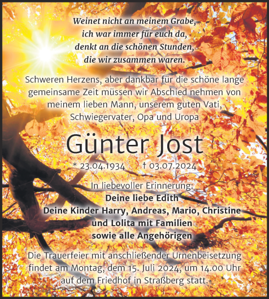 Traueranzeige von Günter Jost von Trauerkombi Quedlinburg