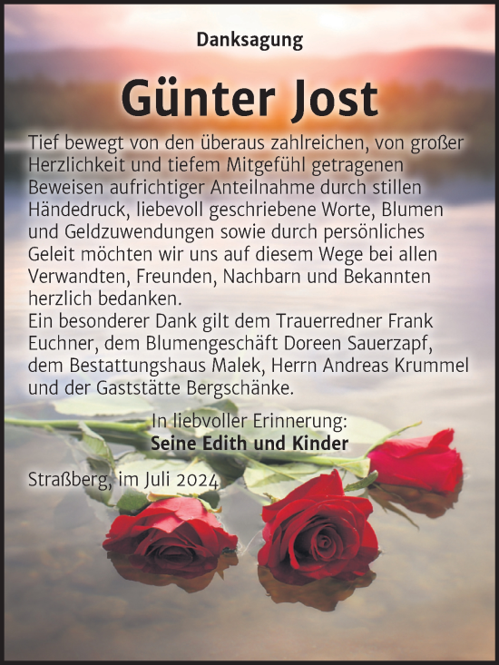 Traueranzeige von Günter Jost von Trauerkombi Quedlinburg