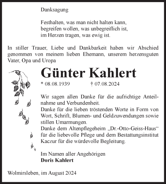 Traueranzeige von Günter Kahlert von Volksstimme Staßfurt