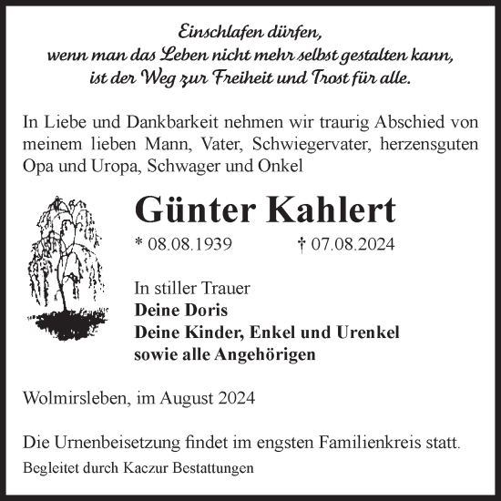 Traueranzeige von Günter Kahlert von Volksstimme Staßfurt
