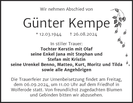 Traueranzeige von Günter Kempe von Trauerkombi Mansfelder Land